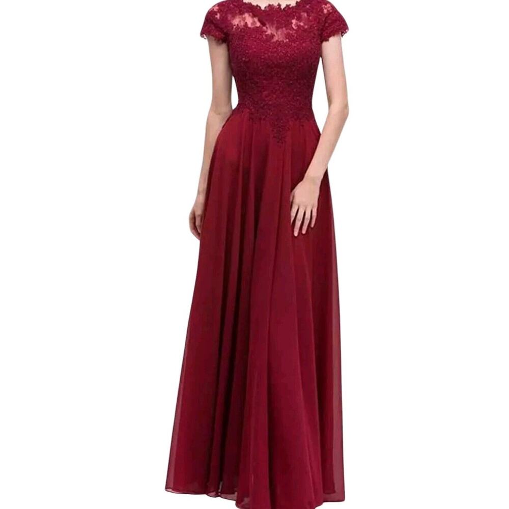 Eureka Beaded Gown 2XL Red Satin Lace Chiffon Short Sleeve Wedding Prom Formal